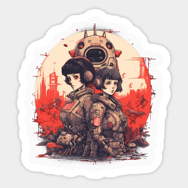 Comic-Style: AI Cyborg Robot Sisters and the Apocalypse Sticker by MLArtifex